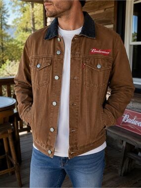 NWT ✧🤠 Budweiser 🤠✧ Brown Denim Trucker Jacket Men’s Size S